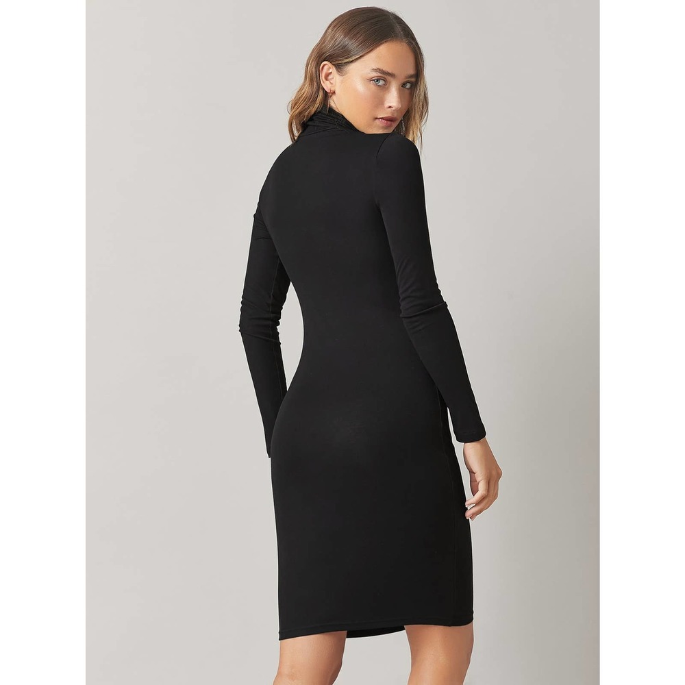 Minimalist High Neck Bodycon long sleeve midi Dress black - Picture 2 of 4